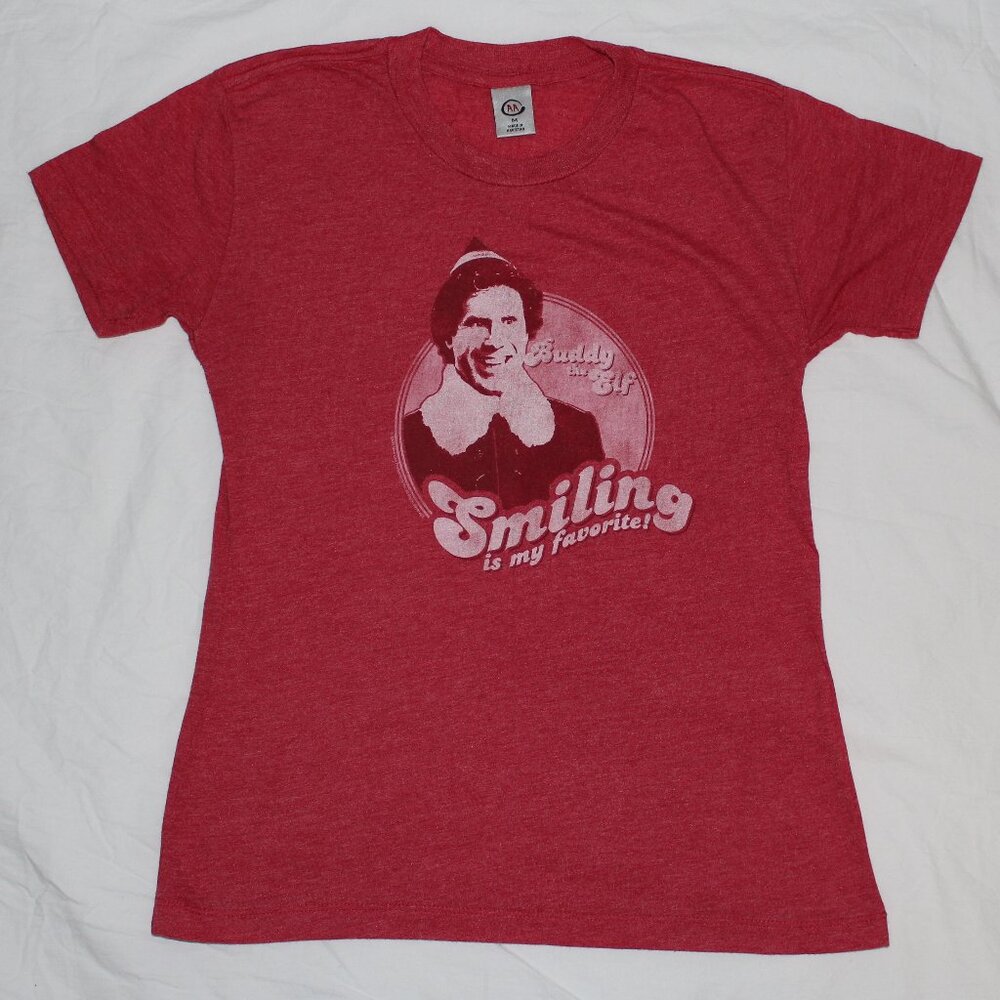 Buddy the Elf Smiling is My Favorite Women's Fitted Screen Print T-Shirt in Red